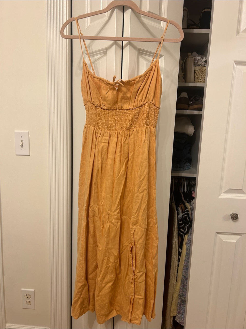 Aritzia mustard yellow spaghetti-strap maxi dress